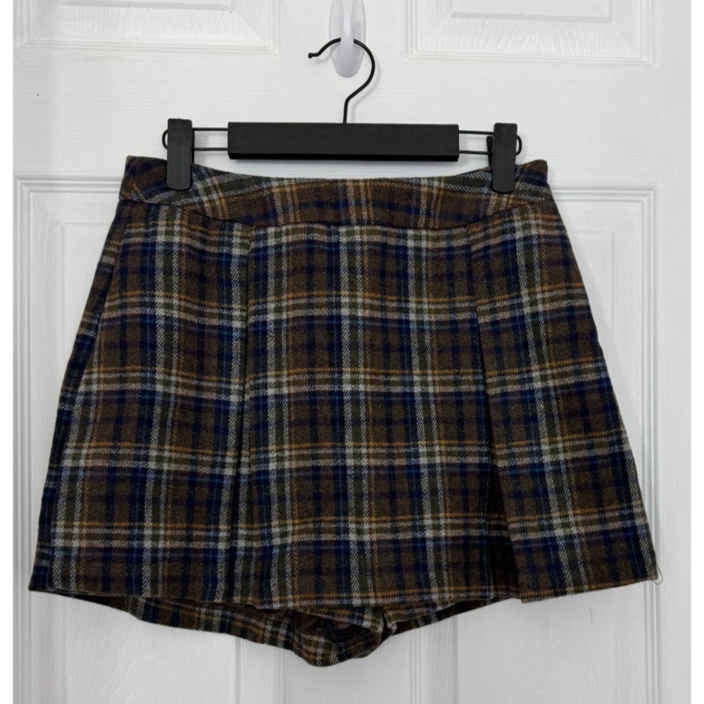NWT Sage The Label Wrap Skort Women's Small Brown Navy Plaid Pleated Classic